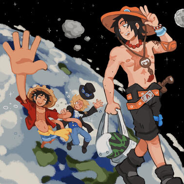 Luffy and Sabo waving to Ace while falling down back to Earth.