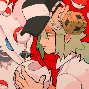 N Harmonia facing the viewer with his hat, necklace, and chain floating around him. He is holding a white orb, and Reshiram is behind him.