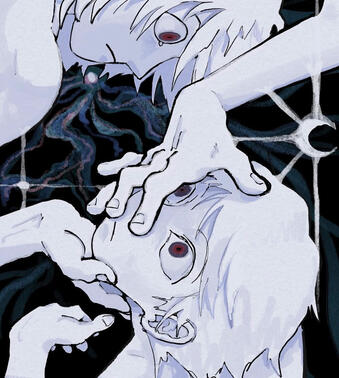 Two white figures with red eyes gazing at one another.