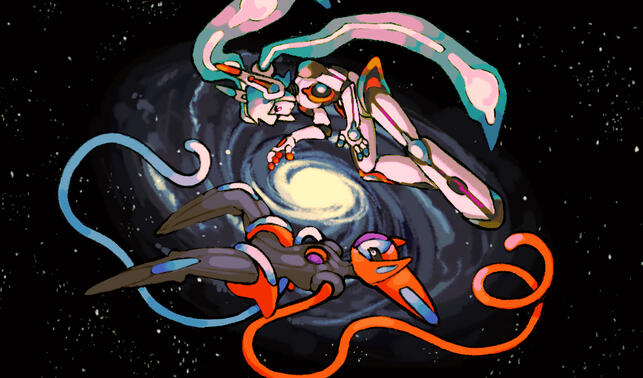 Miku and Deoxys drifting in space facing each other, with a galaxy in between them.