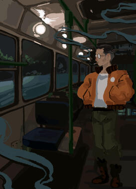 Kim Kitsuragi in public transport looking out the window whilst smoking.